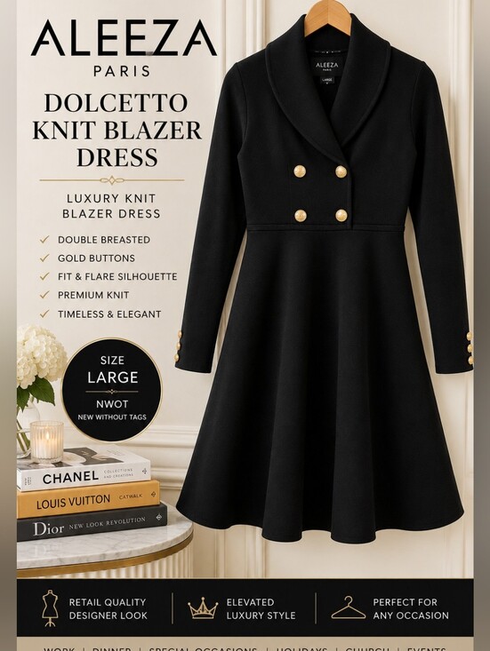 Aleeza Paris Dresses & Skirts - ALEEZA Paris Dolcetto Knit Blazer Dress Black Gold Buttons Large NWOT